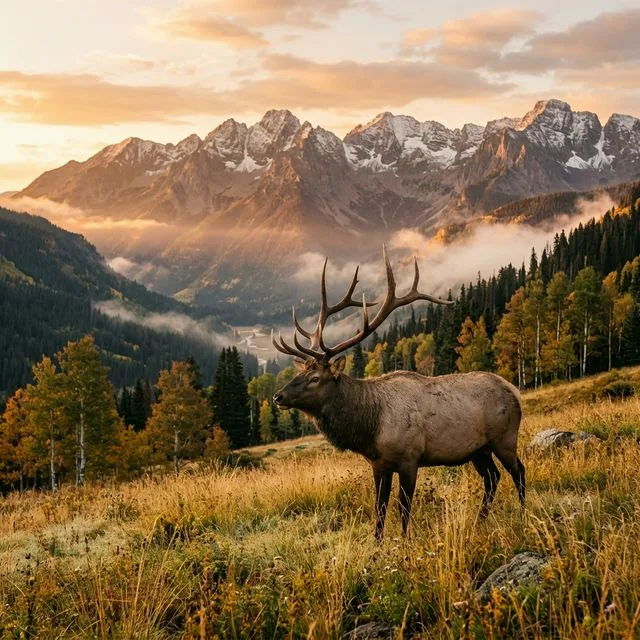 A bull elk stands in a golden Colorado alpine meadow at sunrise with the Rocky Mountains in the background