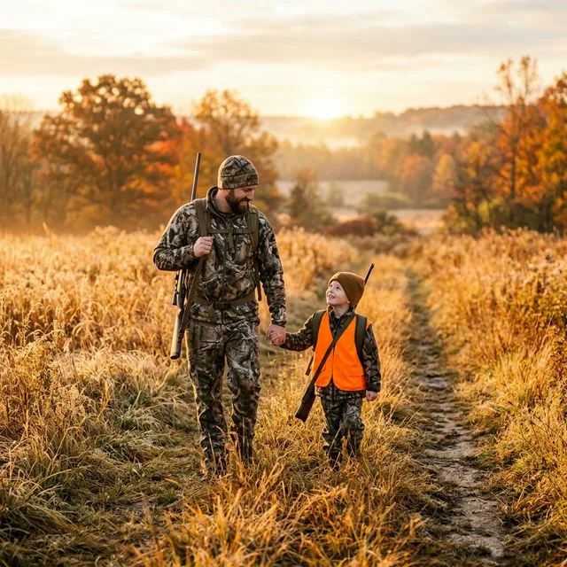 A father and young son heading out for a morning hunt together through an autumn field at sunrise
