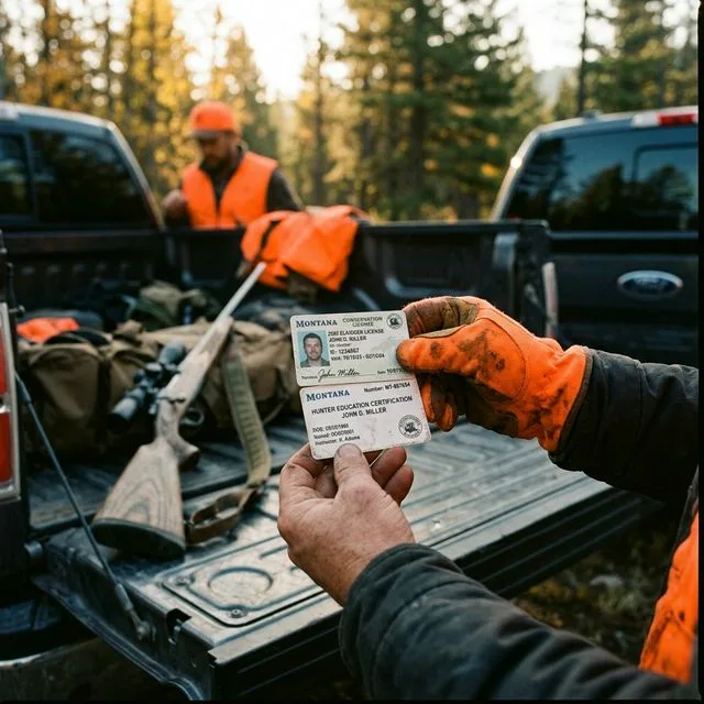 A hunter checking license documents and hunter education certificate at a truck tailgate before heading out