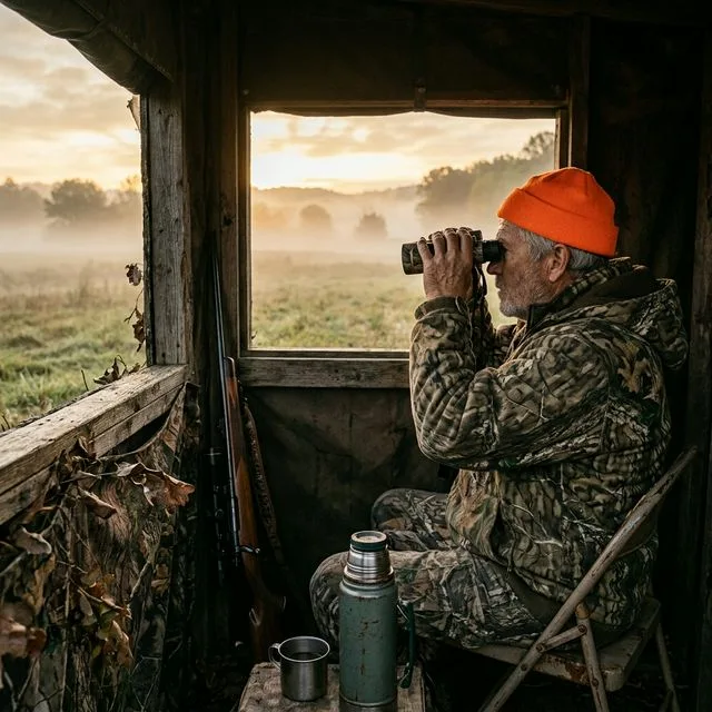 An experienced senior hunter glassing from a deer blind at dawn with a thermos of coffee beside him